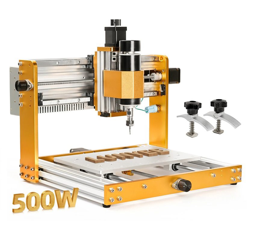 Orange desktop 3D printer with aluminum rails, extruder head, and white build plate; 500W text in lower-left corner.